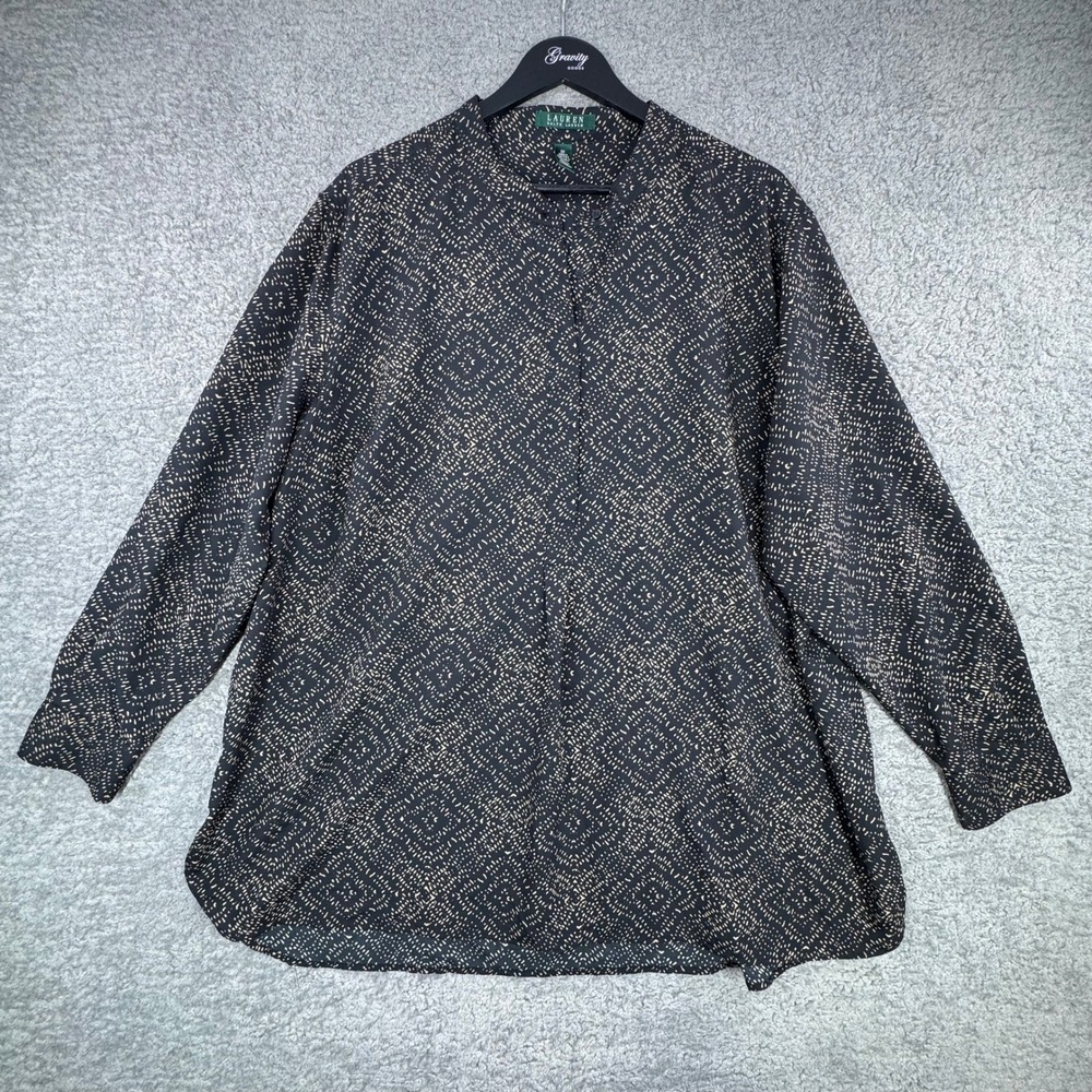 Lauren Ralph Lauren 3X Black Tan Geometric Print Long Sleeve Tunic Blouse Top